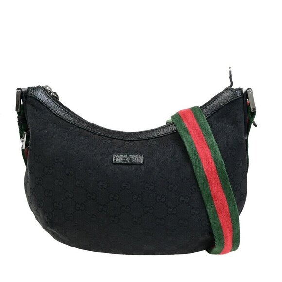 GUCCI Logo GG Pattern Sherry Shoulder Bag Canvas Leather Black Italy 76ED913 - Picture 1 of 15